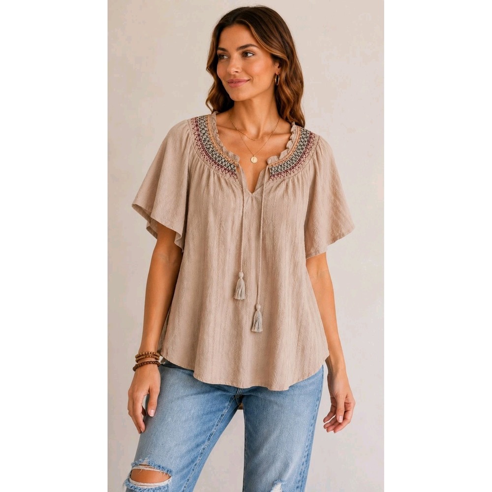 GiGio Boho Embroidered Peasant Top L Beige Cotton Tassel Tie Cottagecore
